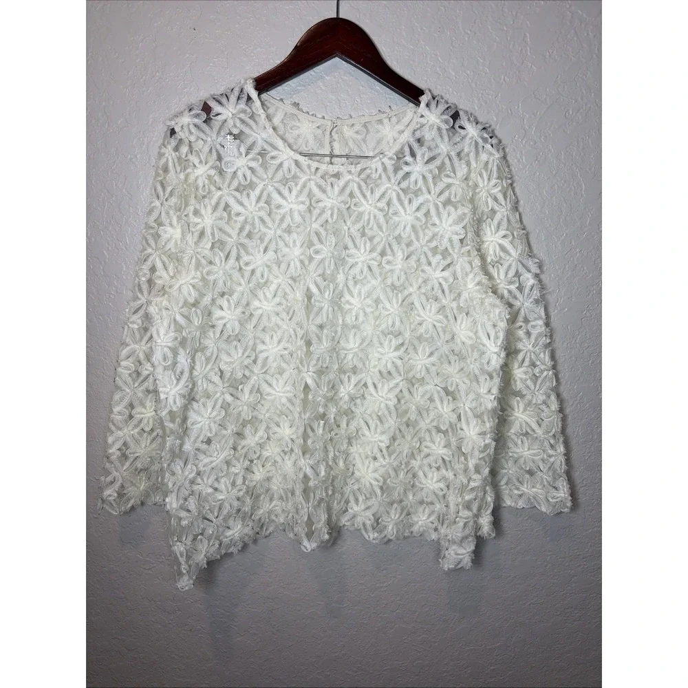 Retro Ivory Floral Mesh Boho Sheer Women's Blouse, Unbranded, Pit To Pit  24